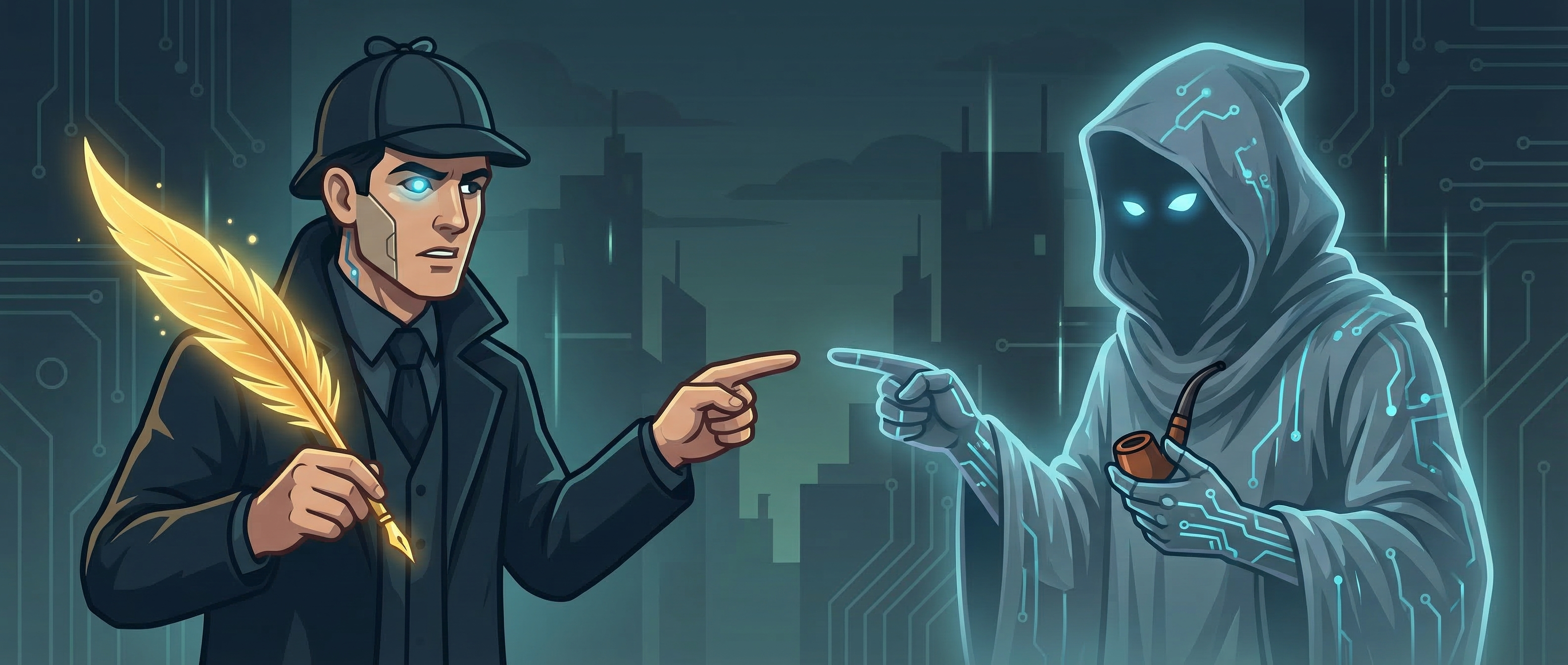 Scribe and Sherlock pointing at each other