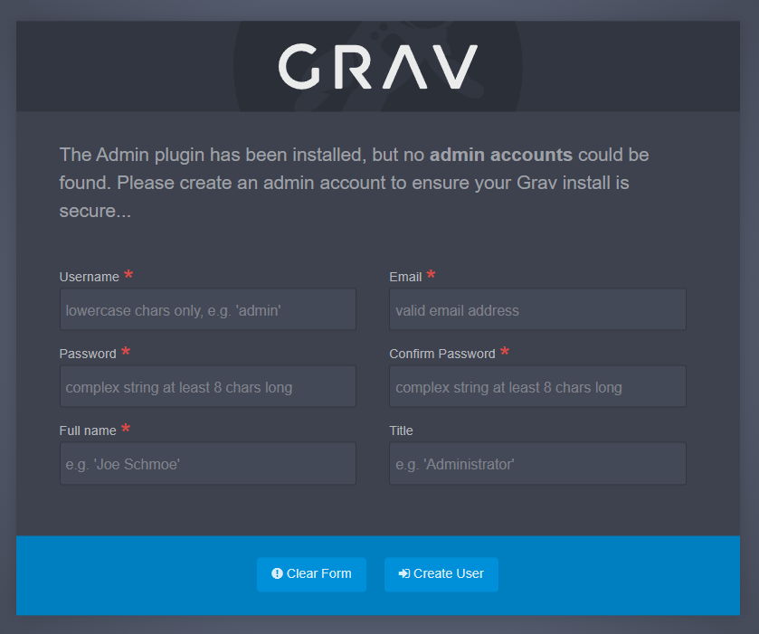 grav admin setup